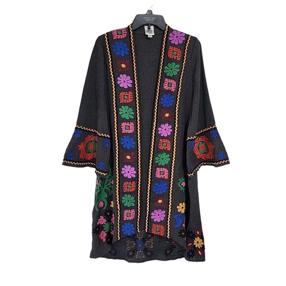Ivy Jane gray floral embroidered open front bell sleeve duster Boho western Xs - Picture 1 of 6